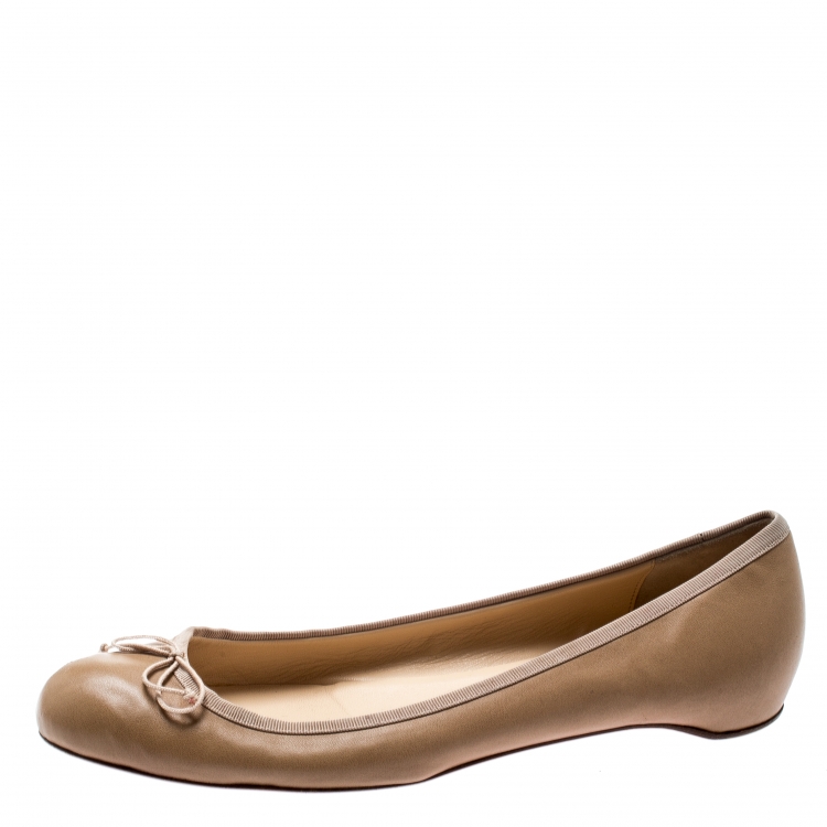 Pre Owned Christian Louboutin Beige Leather Bow Ballet Flats Size 40.5
