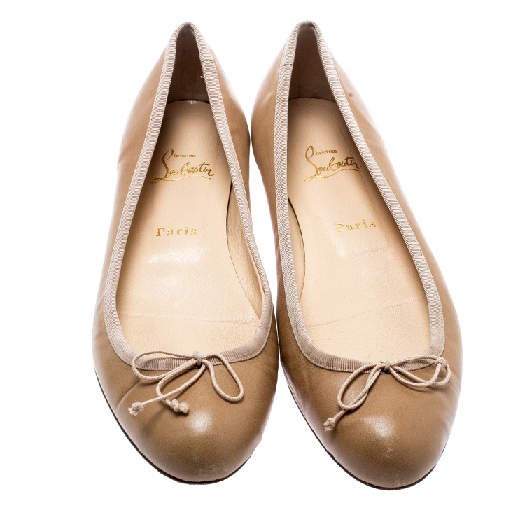 Pre Owned Christian Louboutin Beige Leather Bow Ballet Flats Size 40.5