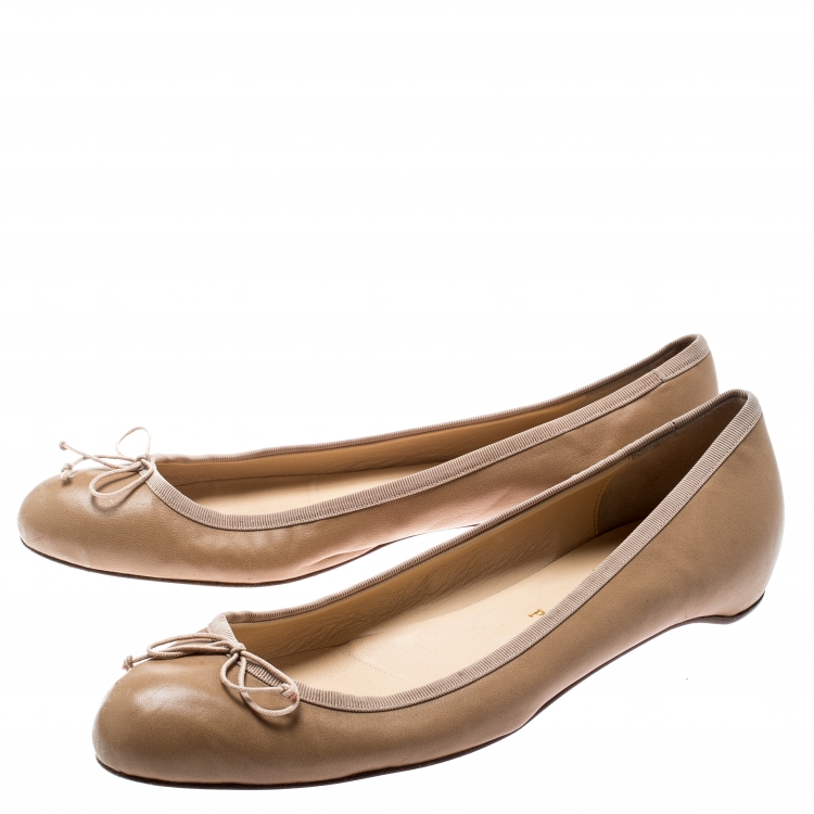 Pre Owned Christian Louboutin Beige Leather Bow Ballet Flats Size 40.5