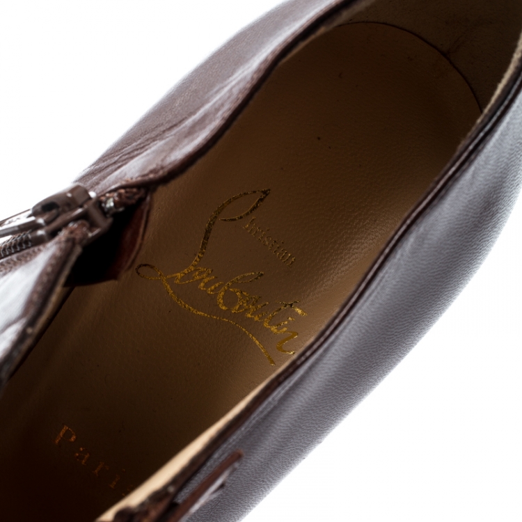 Pre Owned Christian Louboutin Brown Leather Manon Buckle Detail Open Toe Ankle Boots Size 37.5