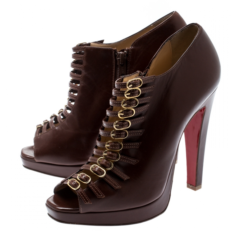 Pre Owned Christian Louboutin Brown Leather Manon Buckle Detail Open Toe Ankle Boots Size 37.5