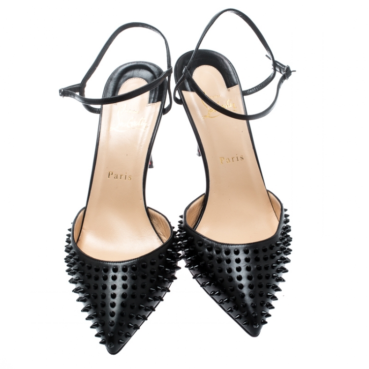 Pre Owned Christian Louboutin Black Leather Spike Baila Ankle Strap Sandals Size 40.5