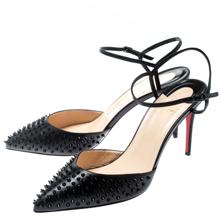 Pre Owned Christian Louboutin Black Leather Spike Baila Ankle Strap Sandals Size 40.5
