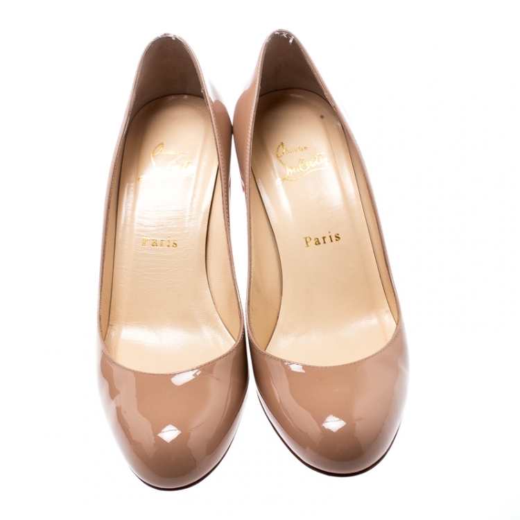 Pre Owned Christian Louboutin Beige Patent Leather Simple Pumps Size 39.5