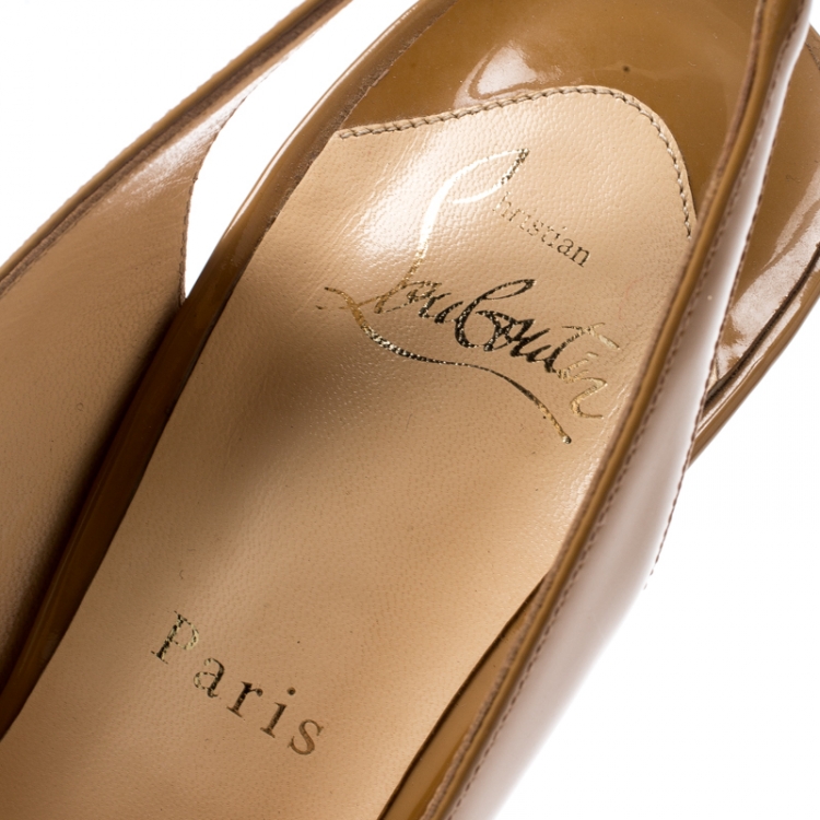 Pre Owned Christian Louboutin Sand Beige Patent Leather Bianca Platform Slingback Sandals Size 39.5