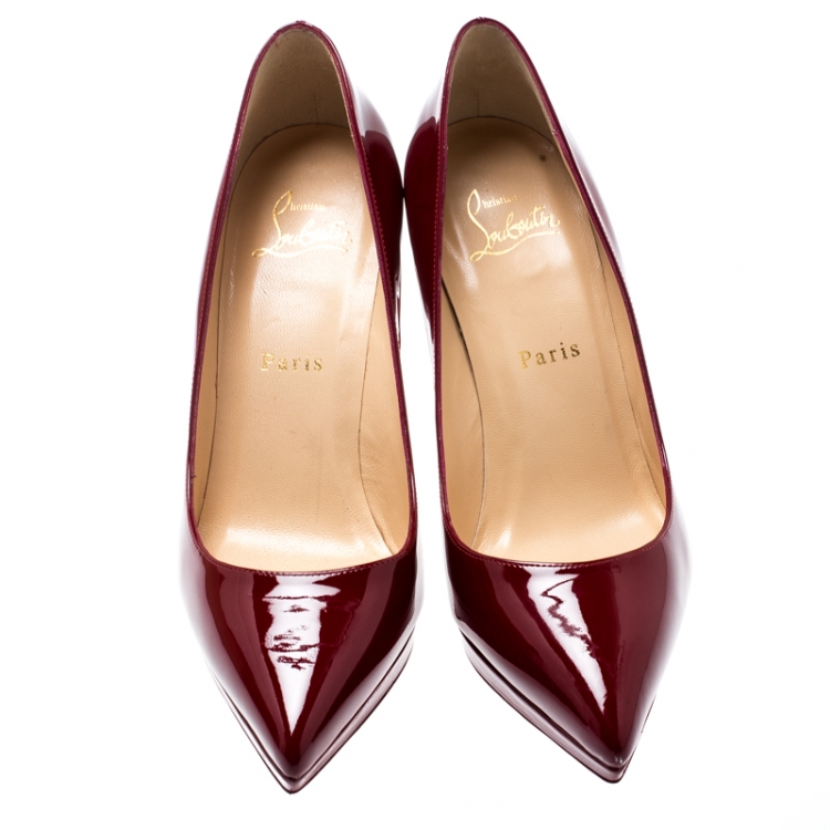 Pre Owned Christian Louboutin Maroon Patent Leather Pigalle Plato Platform Pumps Size 37.5