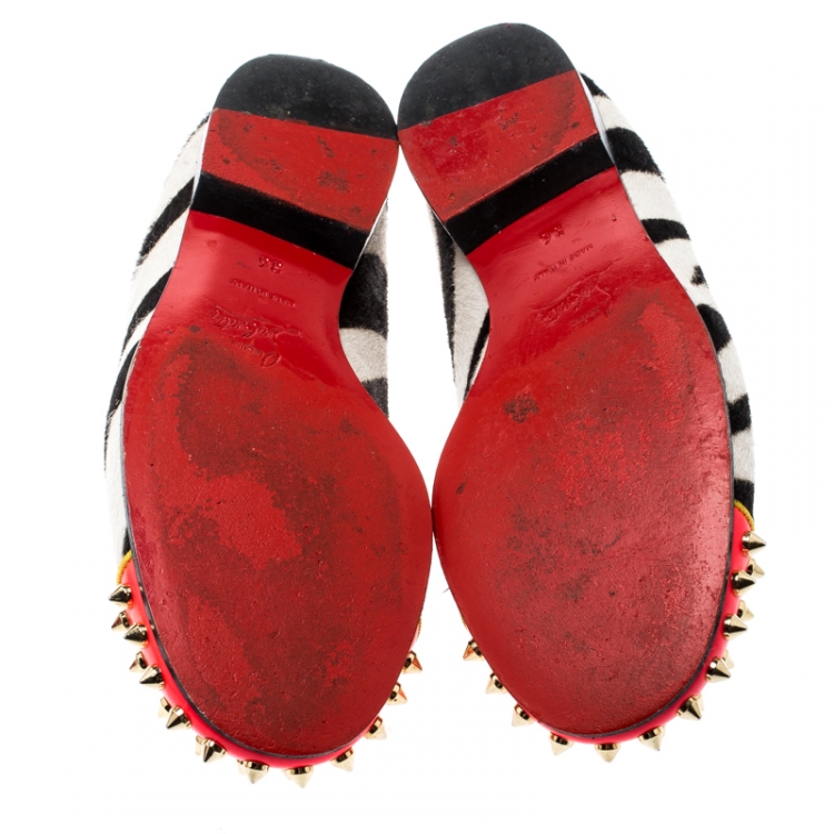 Pre Owned Christian Louboutin Monochrome Zebra Print Pony Hair And Neon Pink Patent Leather Rollerboy Spike Loafers Size 36