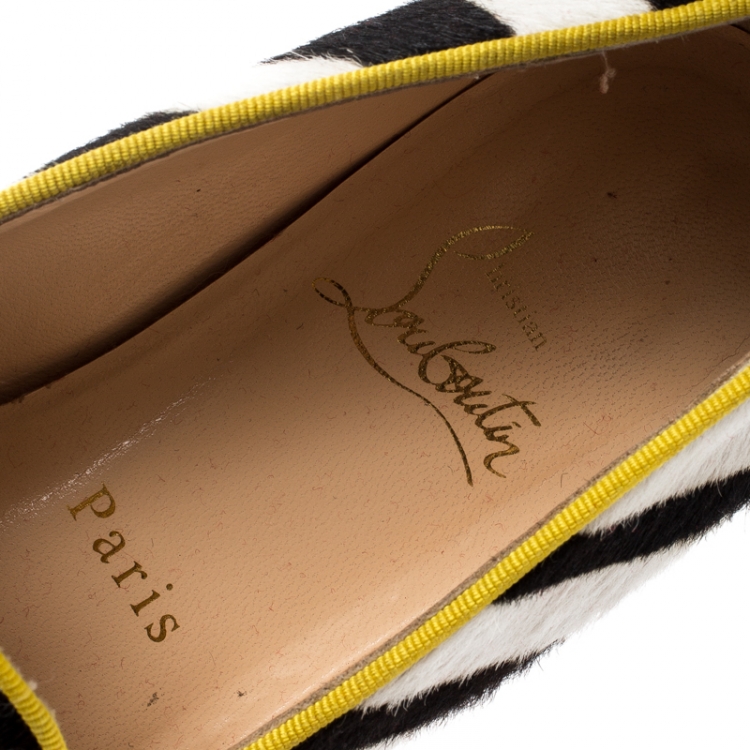 Pre Owned Christian Louboutin Monochrome Zebra Print Pony Hair And Neon Pink Patent Leather Rollerboy Spike Loafers Size 36