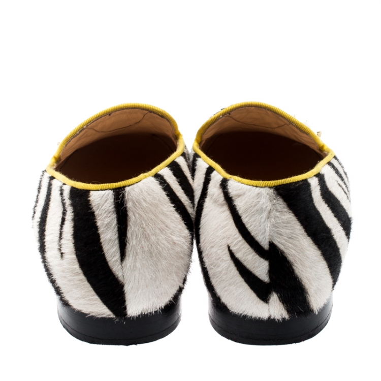 Pre Owned Christian Louboutin Monochrome Zebra Print Pony Hair And Neon Pink Patent Leather Rollerboy Spike Loafers Size 36