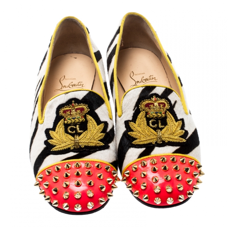 Pre Owned Christian Louboutin Monochrome Zebra Print Pony Hair And Neon Pink Patent Leather Rollerboy Spike Loafers Size 36