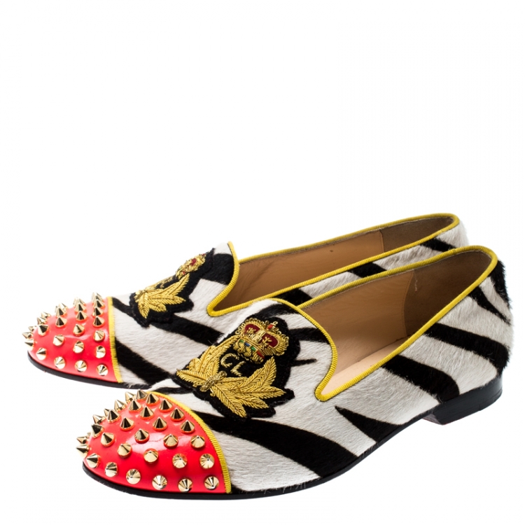 Pre Owned Christian Louboutin Monochrome Zebra Print Pony Hair And Neon Pink Patent Leather Rollerboy Spike Loafers Size 36