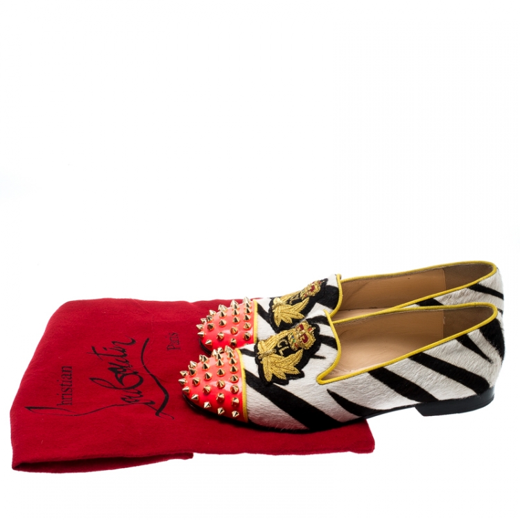 Pre Owned Christian Louboutin Monochrome Zebra Print Pony Hair And Neon Pink Patent Leather Rollerboy Spike Loafers Size 36