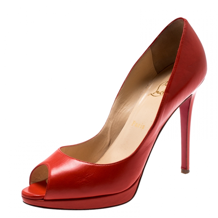 Pre Owned Christian Louboutin Orange Leather Flo Peep Toe Pumps Size 40.5