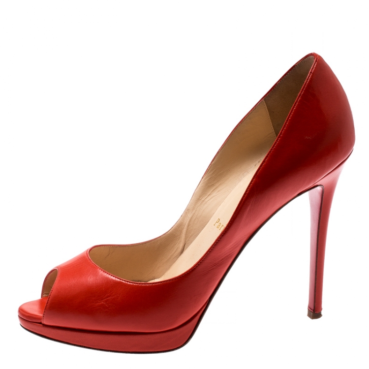 Pre Owned Christian Louboutin Orange Leather Flo Peep Toe Pumps Size 40.5