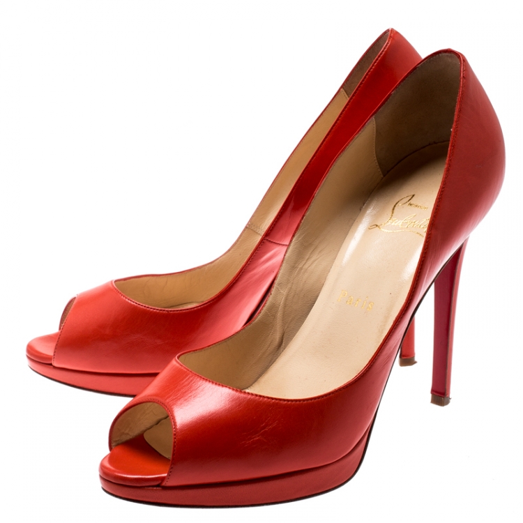 Pre Owned Christian Louboutin Orange Leather Flo Peep Toe Pumps Size 40.5