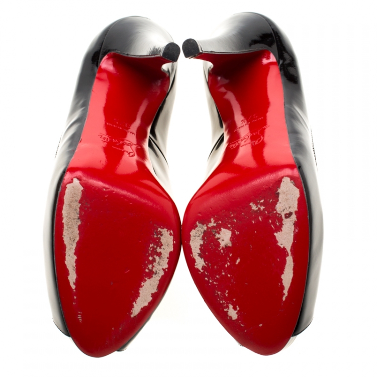 Pre Owned Christian Louboutin Black Patent Leather Hyper Prive Peep Toe Platform Pumps Size 37.5