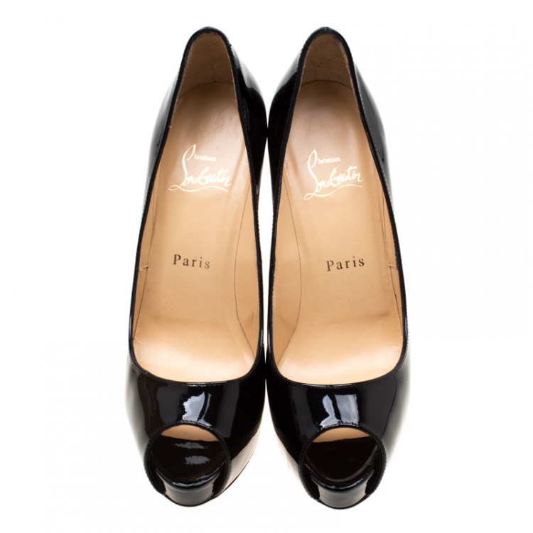 Pre Owned Christian Louboutin Black Patent Leather Hyper Prive Peep Toe Platform Pumps Size 37.5