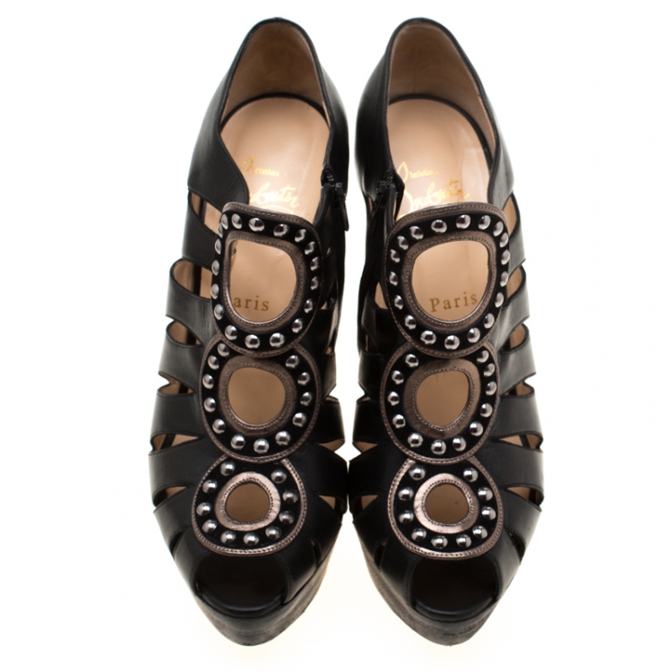 Pre Owned Christian Louboutin Black Leather Maralla Studded Cut Out Platform Ankle Booties Size 39