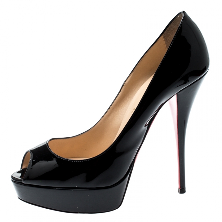 Pre Owned Christian Louboutin Black Patent Leather Lady Peep Toe Platform Pumps Size 39