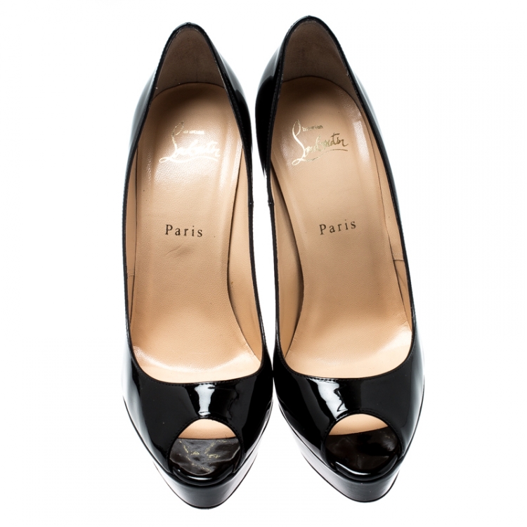 Pre Owned Christian Louboutin Black Patent Leather Lady Peep Toe Platform Pumps Size 39