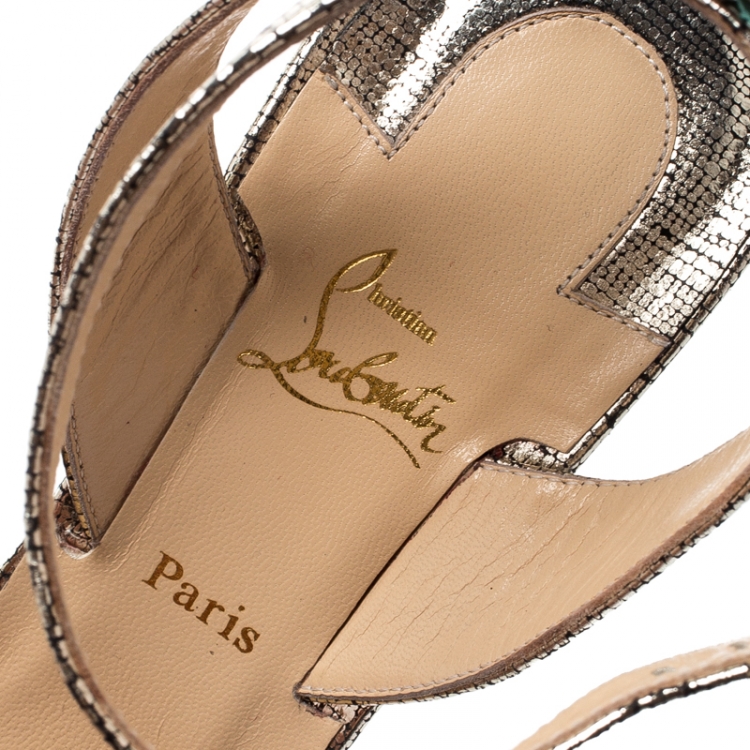 Pre Owned Christian Louboutin Metallic Gold Lame Textured Leather Louloudancing Ankle Strap Platform Sandals Size 37.5