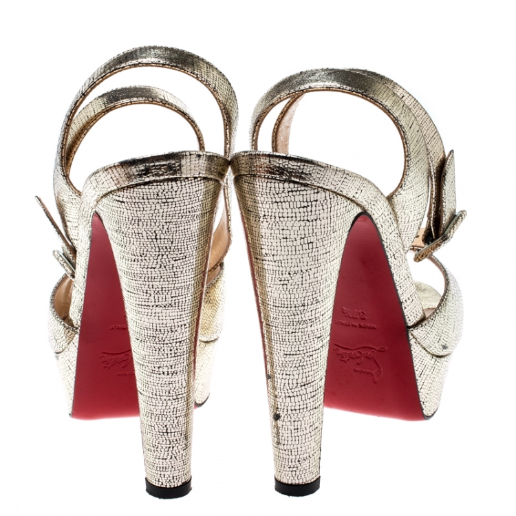 Pre Owned Christian Louboutin Metallic Gold Lame Textured Leather Louloudancing Ankle Strap Platform Sandals Size 37.5