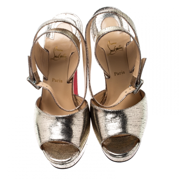 Pre Owned Christian Louboutin Metallic Gold Lame Textured Leather Louloudancing Ankle Strap Platform Sandals Size 37.5