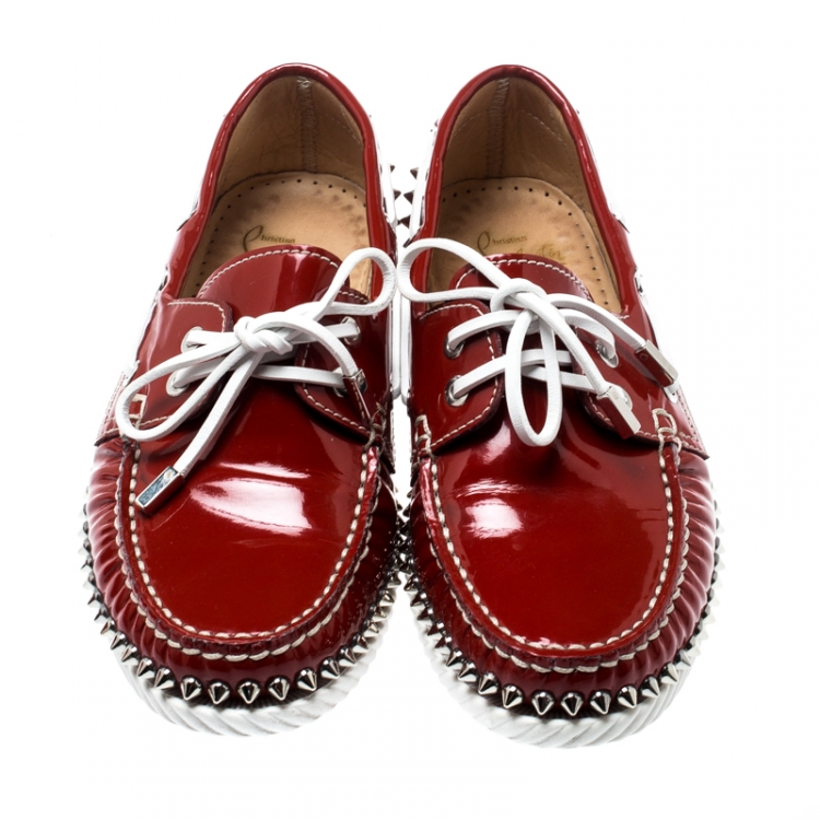 Pre Owned Christian Louboutin Red Patent Leather Steckel Spike Boat Loafers Size 38