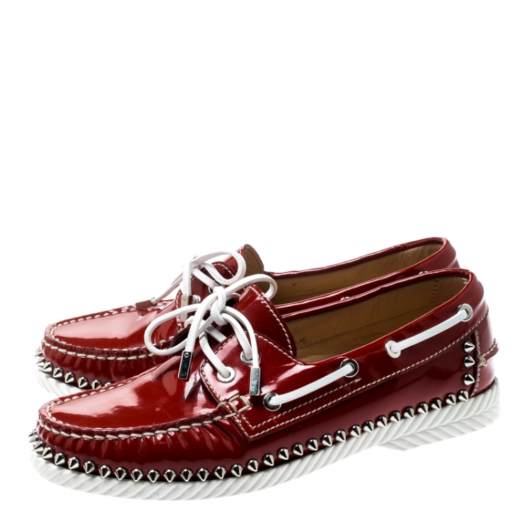 Pre Owned Christian Louboutin Red Patent Leather Steckel Spike Boat Loafers Size 38