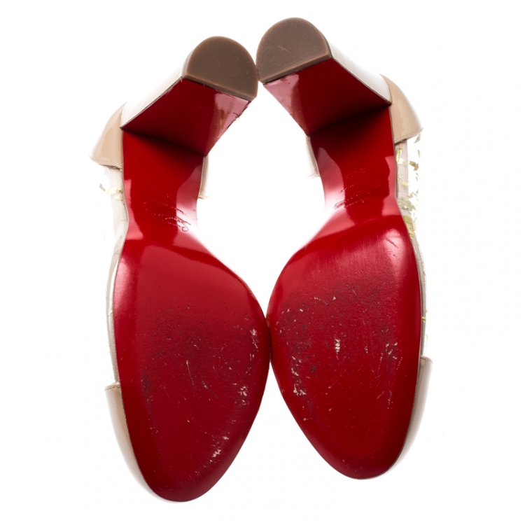 Pre Owned Christian Louboutin Beige Patent Leather And PVC Un Bout Rond Block Heel Pumps Size 38.5