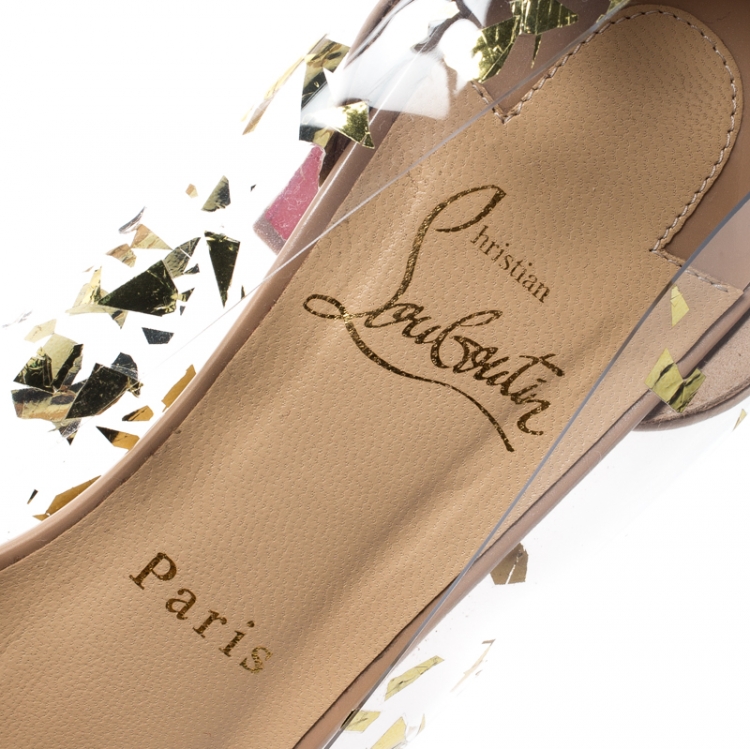 Pre Owned Christian Louboutin Beige Patent Leather And PVC Un Bout Rond Block Heel Pumps Size 38.5