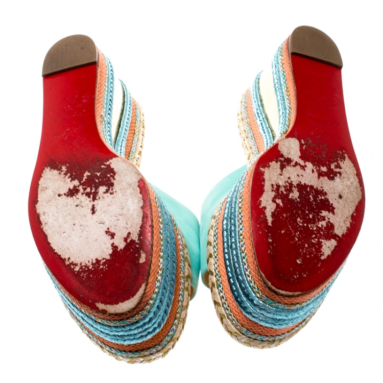 Pre Owned Christian Louboutin Multicolor Leather And Woven Espadrille Platform Slides Size 39