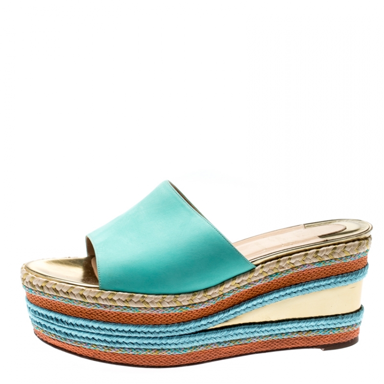 Pre Owned Christian Louboutin Multicolor Leather And Woven Espadrille Platform Slides Size 39