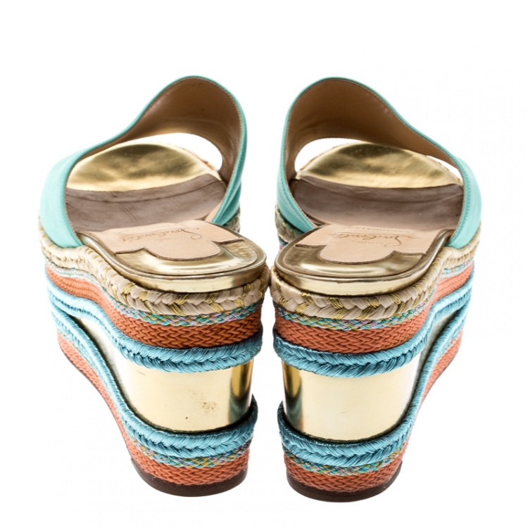 Pre Owned Christian Louboutin Multicolor Leather And Woven Espadrille Platform Slides Size 39