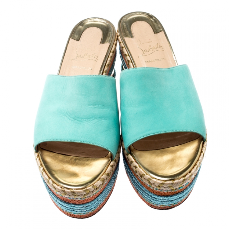 Pre Owned Christian Louboutin Multicolor Leather And Woven Espadrille Platform Slides Size 39