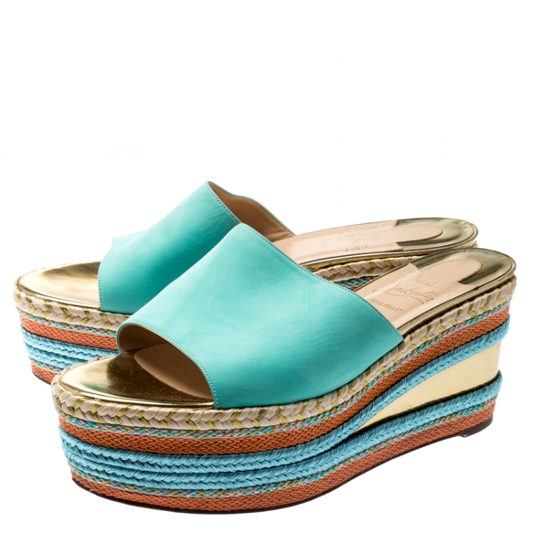 Pre Owned Christian Louboutin Multicolor Leather And Woven Espadrille Platform Slides Size 39