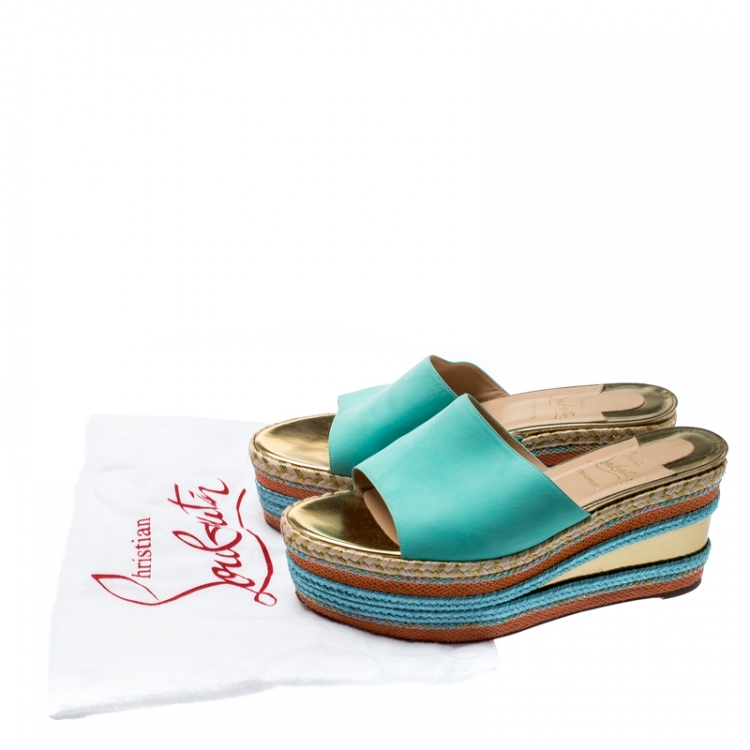 Pre Owned Christian Louboutin Multicolor Leather And Woven Espadrille Platform Slides Size 39