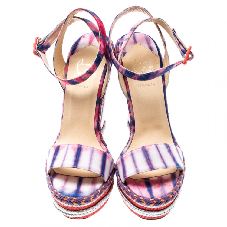 Pre Owned Christian Louboutin Multicolor Tie-Dye Fabric Duplice Woven Trim Wedge Ankle Strap Sandals Size 39