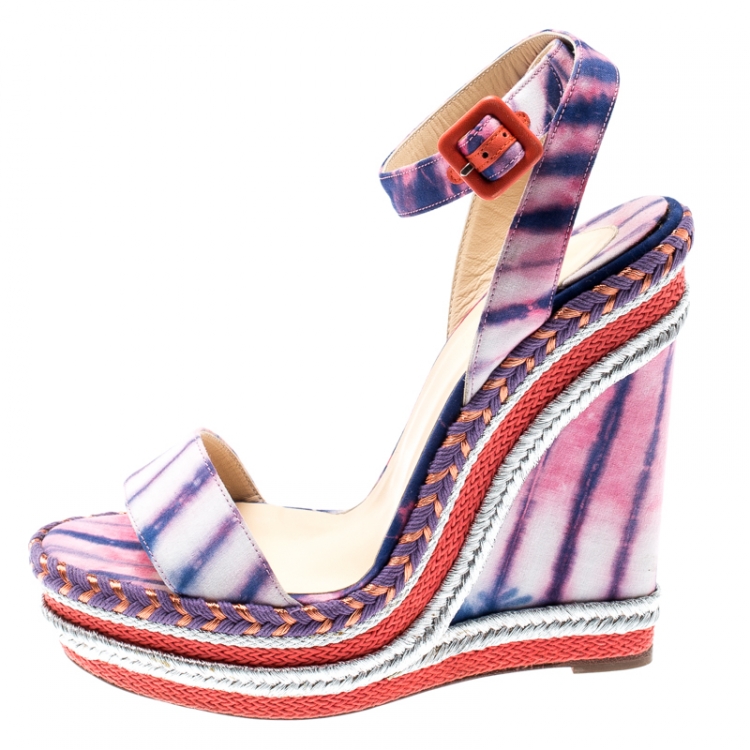 Pre Owned Christian Louboutin Multicolor Tie-Dye Fabric Duplice Woven Trim Wedge Ankle Strap Sandals Size 39