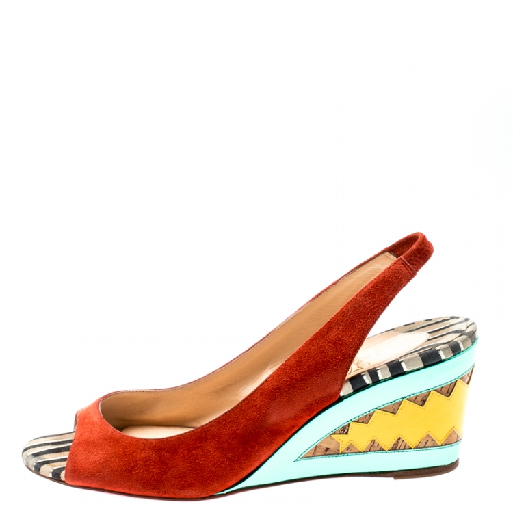 Pre Owned Christian Louboutin Multicolor Suede and Mirror Leather Miramar Open Toe Slingback Sandals Size 39