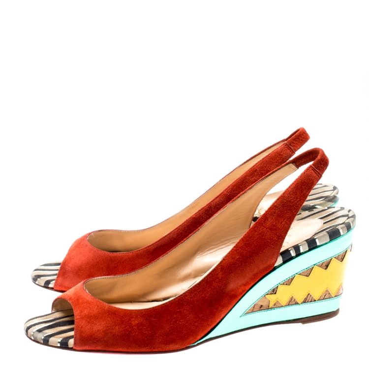 Pre Owned Christian Louboutin Multicolor Suede and Mirror Leather Miramar Open Toe Slingback Sandals Size 39