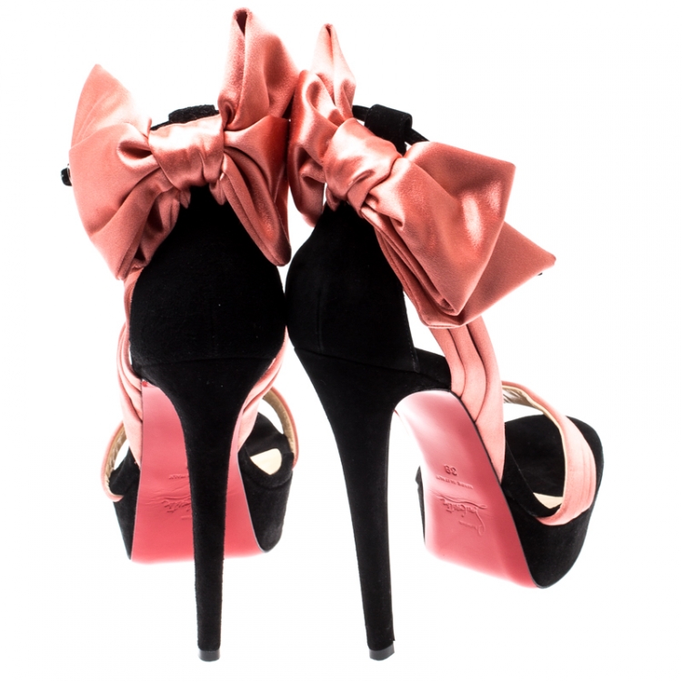 Pre Owned Christian Louboutin Coral/Black Suede And Satin Bow Vampanodo Ankle Strap Sandals Size 39