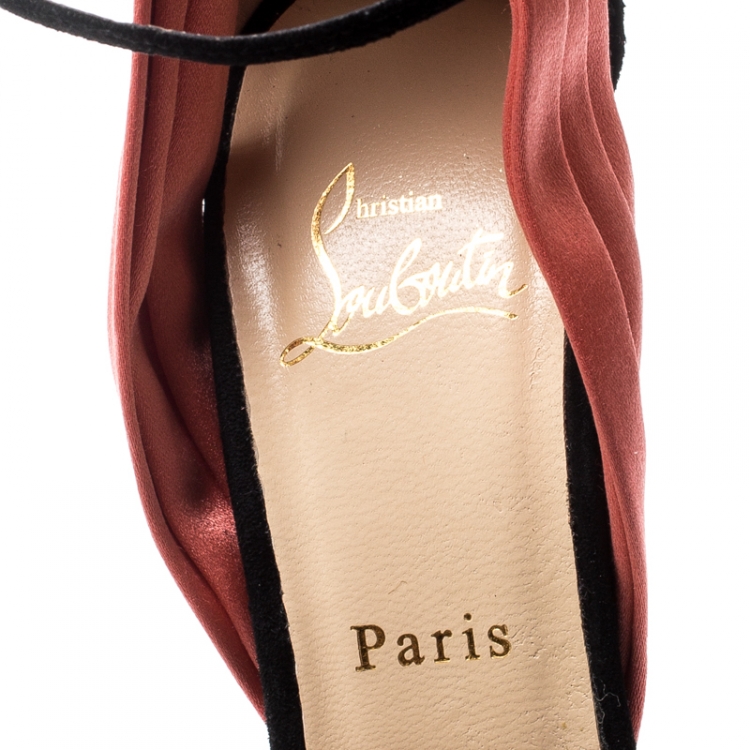 Pre Owned Christian Louboutin Coral/Black Suede And Satin Bow Vampanodo Ankle Strap Sandals Size 39