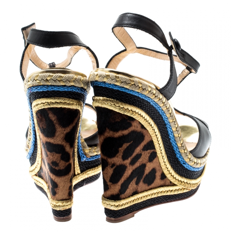 Pre Owned Christian Louboutin Black Leather T-Strap Trotolita Wedges Platform Sandals Size 40