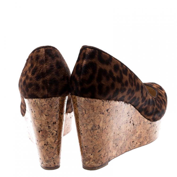 Pre Owned Christian Louboutin Brown Leopard Print Pony Hair Coroclic Cork Wedge Platform Pumps Size 39