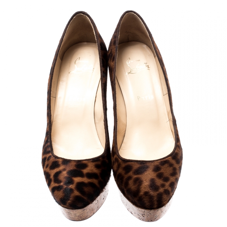 Pre Owned Christian Louboutin Brown Leopard Print Pony Hair Coroclic Cork Wedge Platform Pumps Size 39