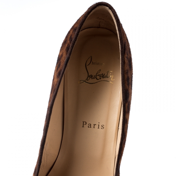 Pre Owned Christian Louboutin Brown Leopard Print Pony Hair Coroclic Cork Wedge Platform Pumps Size 39