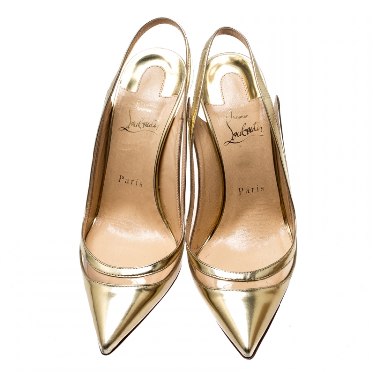 Pre Owned Christian Louboutin Metallic Gold Leather And PVC Paulina Pointed Toe Slingback Sandals Size 38