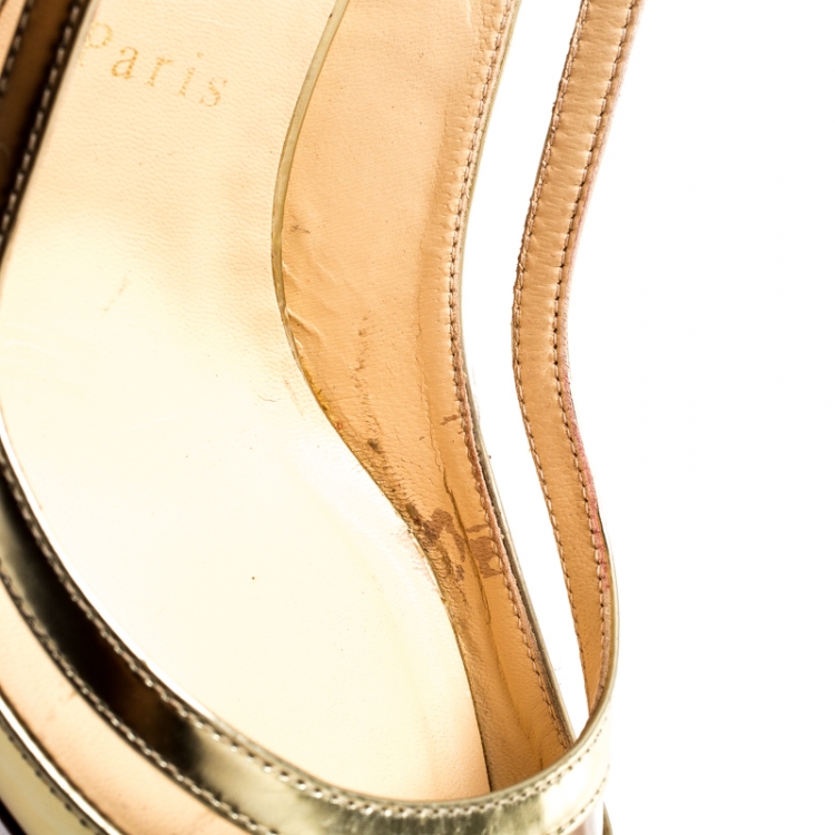 Pre Owned Christian Louboutin Metallic Gold Leather And PVC Paulina Pointed Toe Slingback Sandals Size 38
