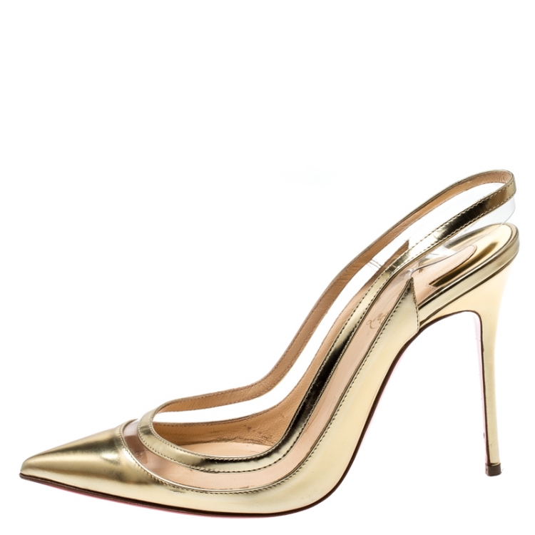Pre Owned Christian Louboutin Metallic Gold Leather And PVC Paulina Pointed Toe Slingback Sandals Size 38